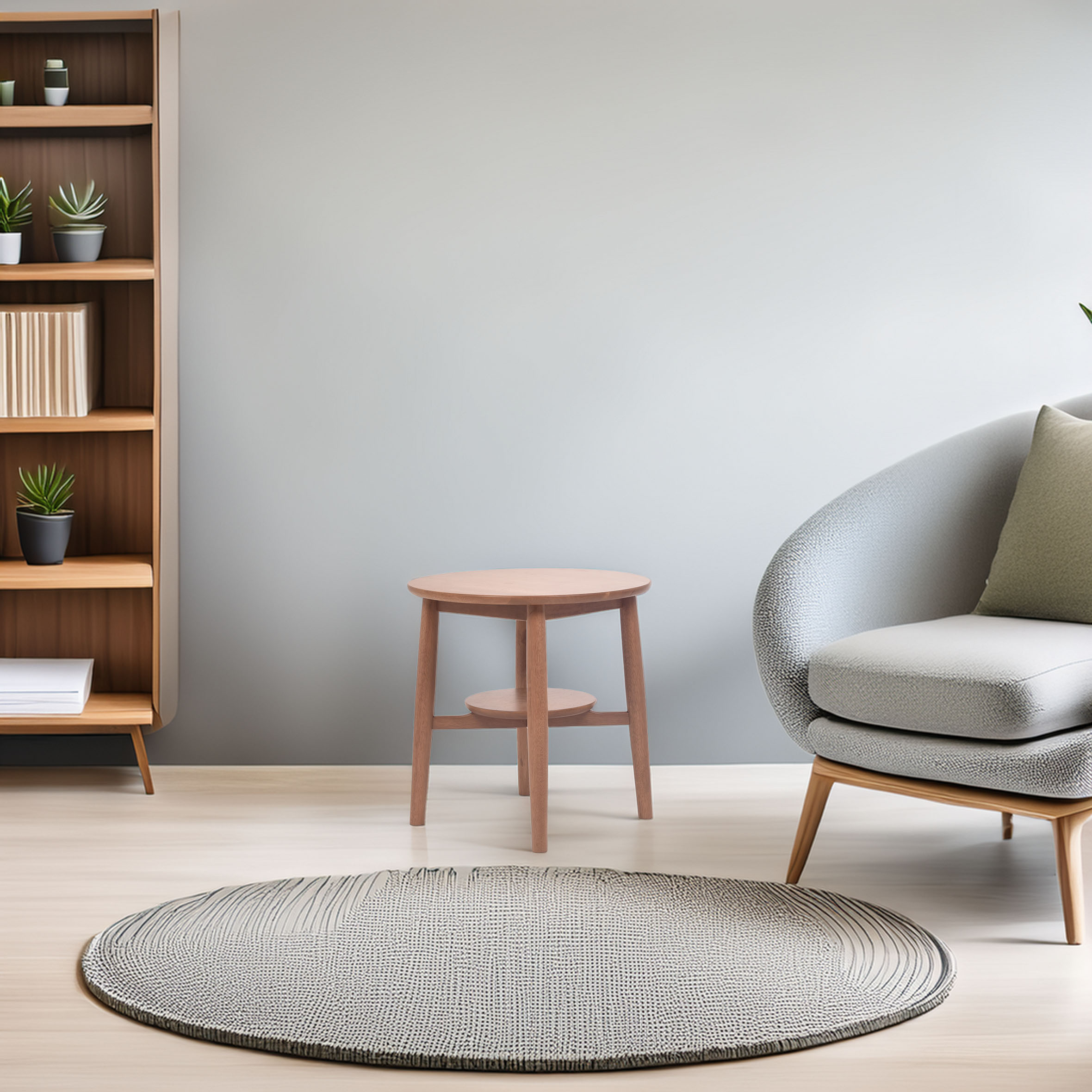 Modern minimalist living room with a gray armchair, wooden side table, beige circular rug, and wooden shelves displaying plants and books against a light wall.
