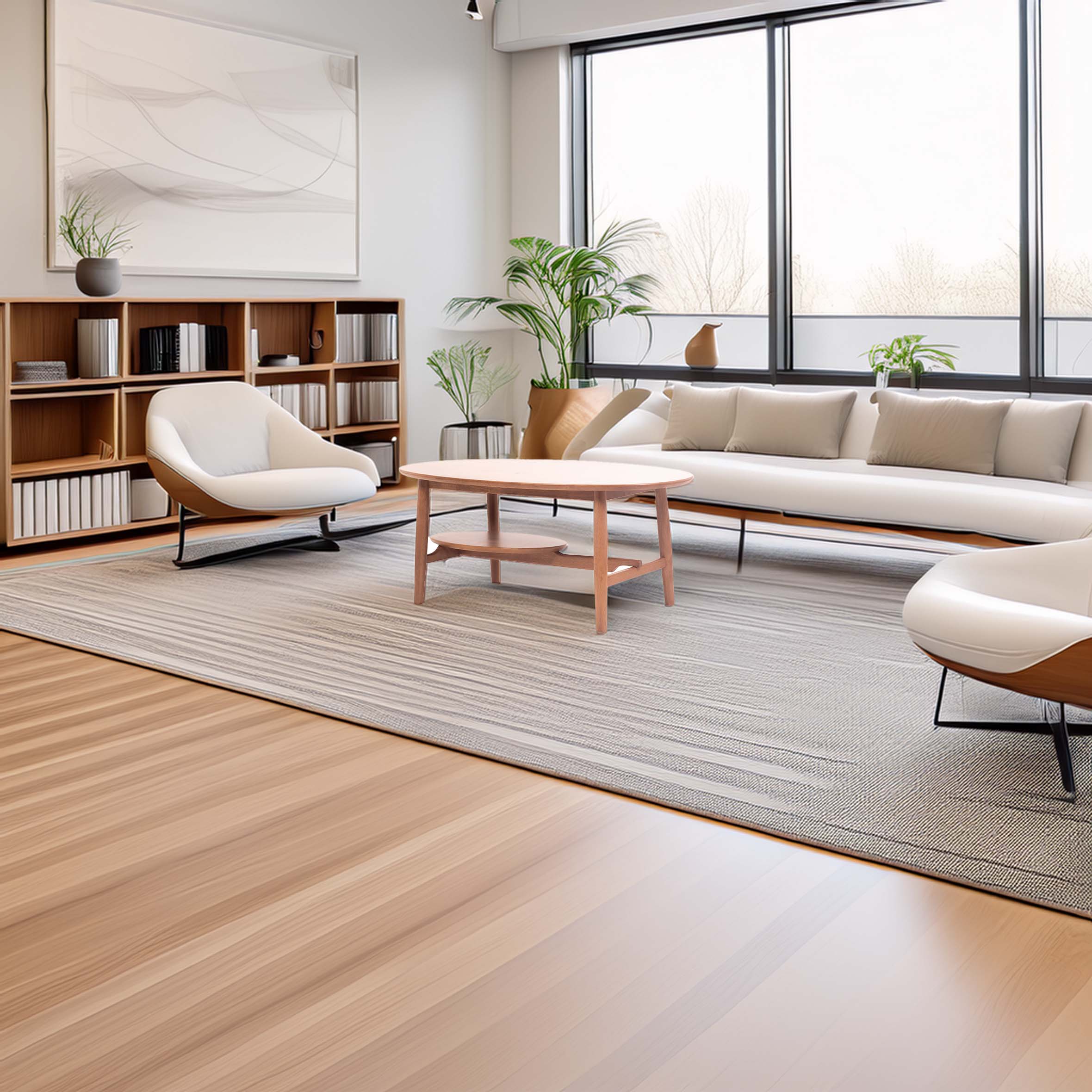A modern living room with floor-to-ceiling windows, neutral tones, and plush furniture. Includes a sofa, armchairs, wood table, and shelves.